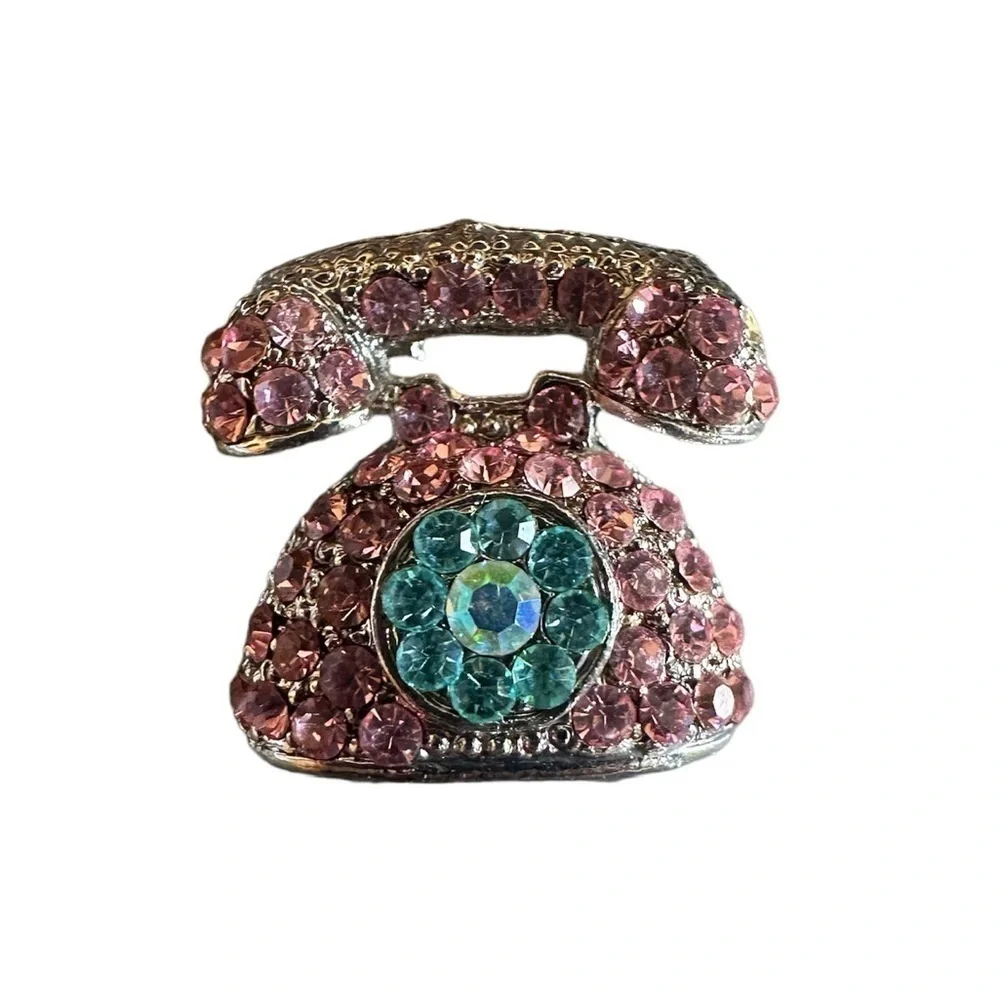Retro Telephone Brooch Rhinestone Pink Pink Blue Rotary Dial Vintage Style Phone